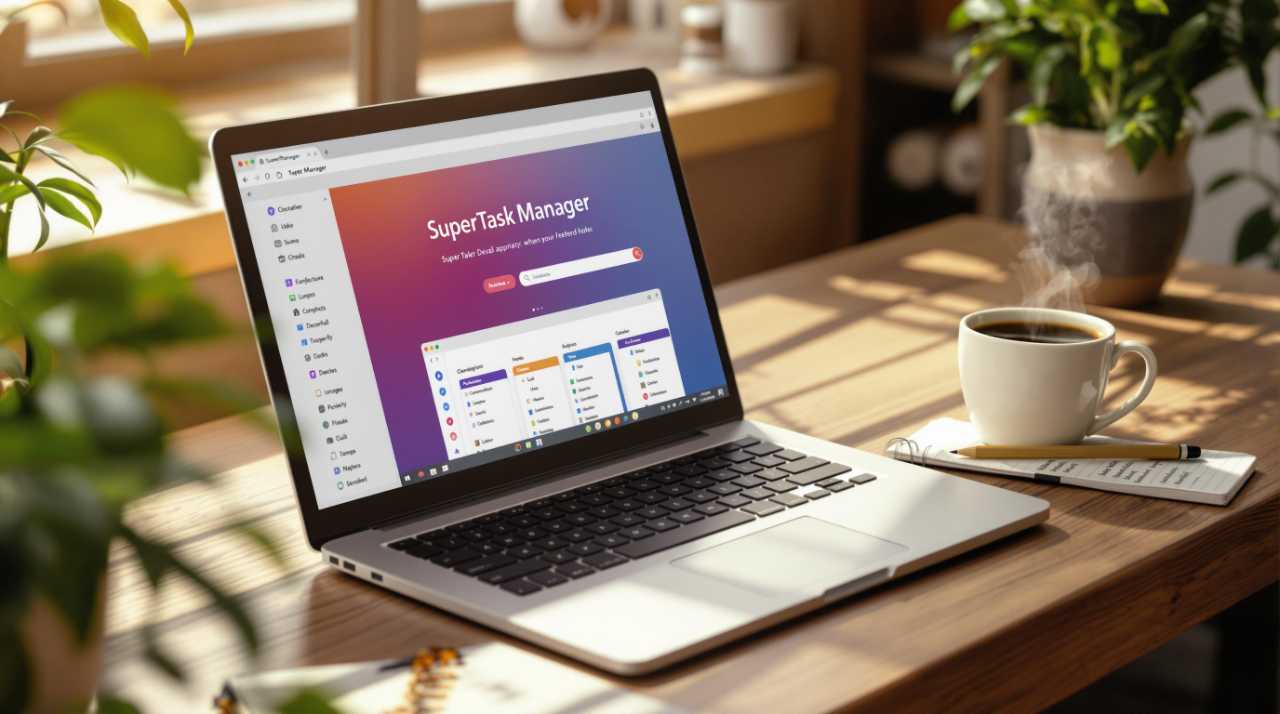 Coffee cup next to a computer showing task management software