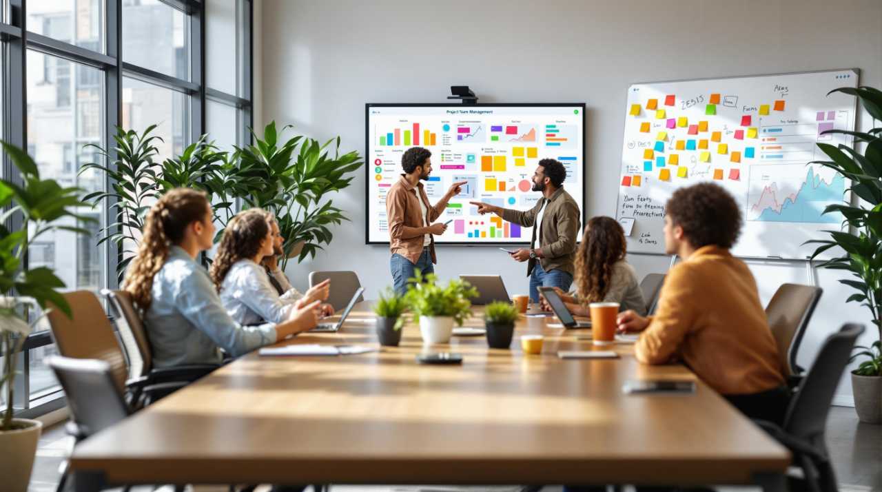 Team working together in a modern office environment